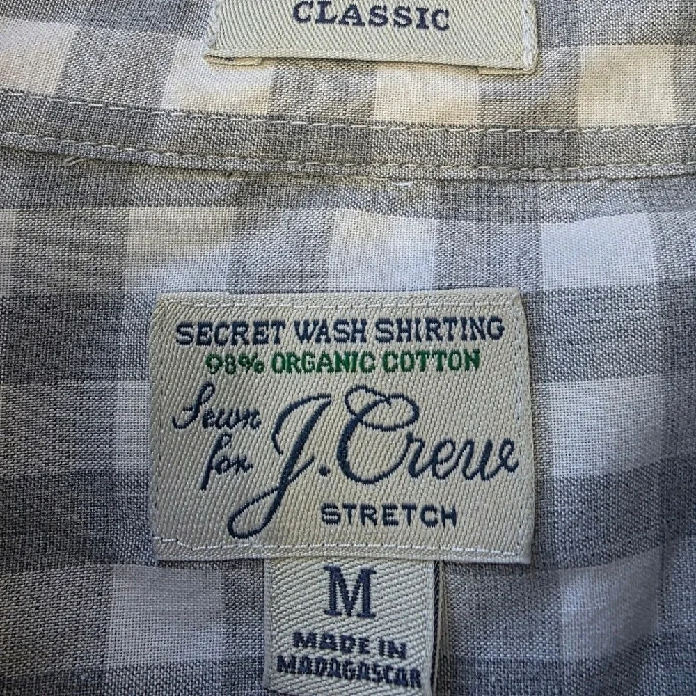 J.Crew Secret Wash Shirt Mens Medium Grey Gingham Organic Cotton Stretch Classic